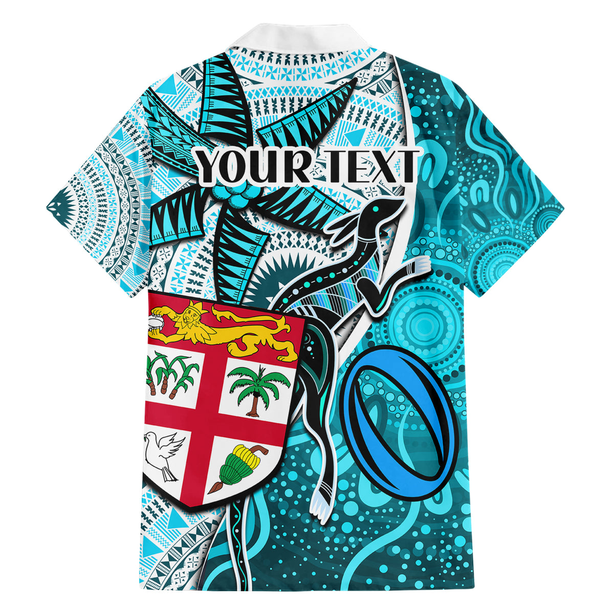 Personalised Fiji Australia Rugby Family Matching Short Sleeve Bodycon Dress and Hawaiian Shirt Kangaroo and Palm Tree Blue Tapa Pattern Mix Aboriginal LT03 - Polynesian Pride