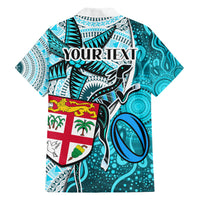 Personalised Fiji Australia Rugby Family Matching Short Sleeve Bodycon Dress and Hawaiian Shirt Kangaroo and Palm Tree Blue Tapa Pattern Mix Aboriginal LT03 - Polynesian Pride