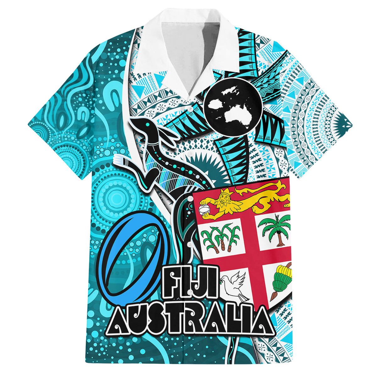 Personalised Fiji Australia Rugby Family Matching Summer Maxi Dress and Hawaiian Shirt Kangaroo and Palm Tree Blue Tapa Pattern Mix Aboriginal LT03 Dad's Shirt - Short Sleeve Blue - Polynesian Pride