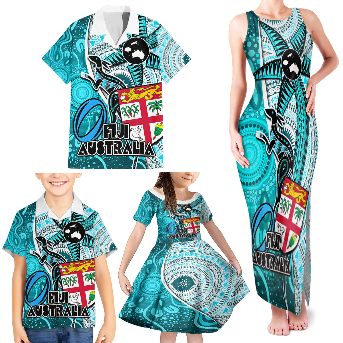 Personalised Fiji Australia Rugby Family Matching Tank Maxi Dress and Hawaiian Shirt Kangaroo and Palm Tree Blue Tapa Pattern Mix Aboriginal LT03 - Polynesian Pride