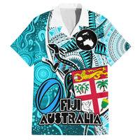 Personalised Fiji Australia Rugby Family Matching Tank Maxi Dress and Hawaiian Shirt Kangaroo and Palm Tree Blue Tapa Pattern Mix Aboriginal LT03 Dad's Shirt - Short Sleeve Blue - Polynesian Pride