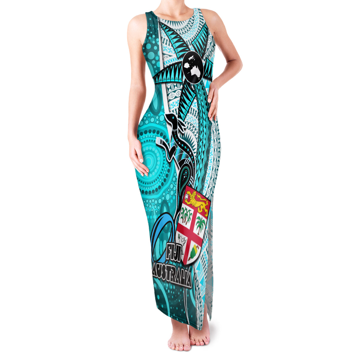 Personalised Fiji Australia Rugby Family Matching Tank Maxi Dress and Hawaiian Shirt Kangaroo and Palm Tree Blue Tapa Pattern Mix Aboriginal LT03 Mom's Dress Blue - Polynesian Pride