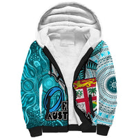 Personalised Fiji Australia Rugby Sherpa Hoodie Kangaroo and Palm Tree Blue Tapa Pattern Mix Aboriginal LT03 Unisex Blue - Polynesian Pride