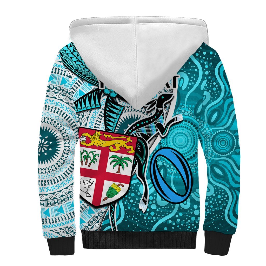 Personalised Fiji Australia Rugby Sherpa Hoodie Kangaroo and Palm Tree Blue Tapa Pattern Mix Aboriginal LT03 - Polynesian Pride