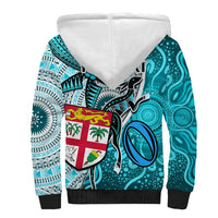 Personalised Fiji Australia Rugby Sherpa Hoodie Kangaroo and Palm Tree Blue Tapa Pattern Mix Aboriginal LT03 - Polynesian Pride
