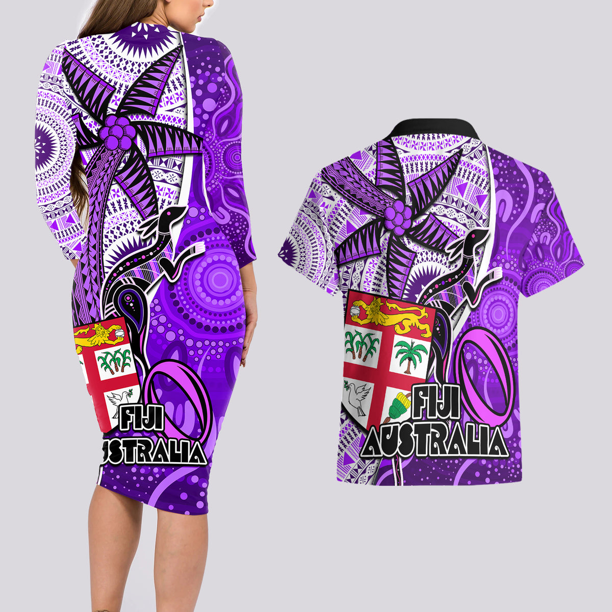 Fiji Australia Rugby Couples Matching Long Sleeve Bodycon Dress and Hawaiian Shirt Kangaroo and Palm Tree Purple Tapa Pattern Mix Aboriginal LT03 - Polynesian Pride