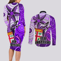 Fiji Australia Rugby Couples Matching Long Sleeve Bodycon Dress and Long Sleeve Button Shirts Kangaroo and Palm Tree Purple Tapa Pattern Mix Aboriginal LT03 - Polynesian Pride