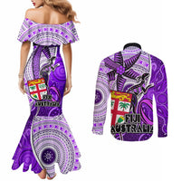 fiji-australia-rugby-couples-matching-mermaid-dress-and-long-sleeve-button-shirts-kangaroo-and-palm-tree-purple-tapa-pattern-mix-aboriginal