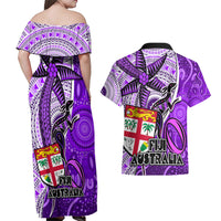 Fiji Australia Rugby Couples Matching Off Shoulder Maxi Dress and Hawaiian Shirt Kangaroo and Palm Tree Purple Tapa Pattern Mix Aboriginal LT03 - Polynesian Pride