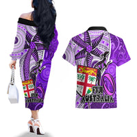 Fiji Australia Rugby Couples Matching Off The Shoulder Long Sleeve Dress and Hawaiian Shirt Kangaroo and Palm Tree Purple Tapa Pattern Mix Aboriginal LT03 - Polynesian Pride