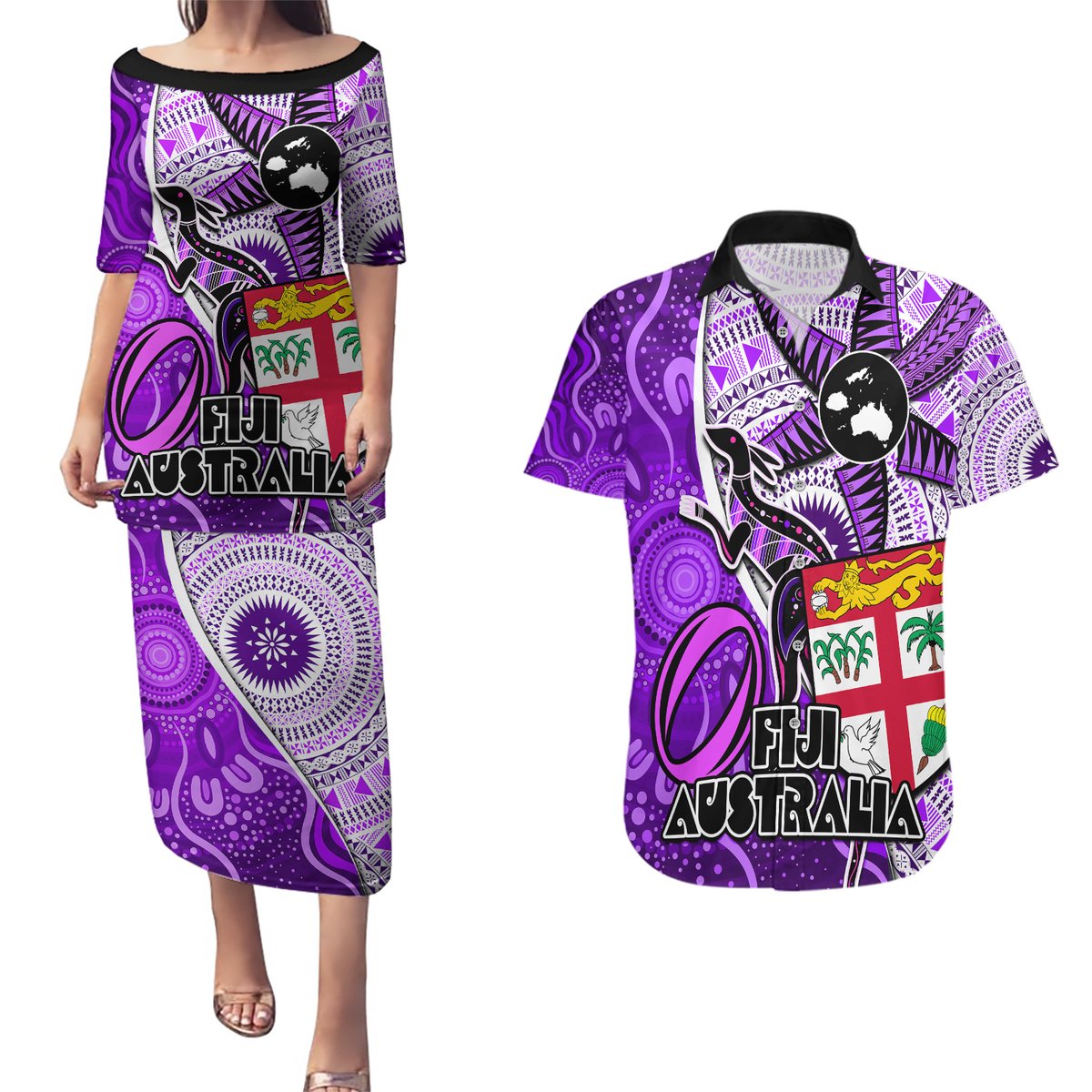 Fiji Australia Rugby Couples Matching Puletasi Dress and Hawaiian Shirt Kangaroo and Palm Tree Purple Tapa Pattern Mix Aboriginal LT03 Purple - Polynesian Pride