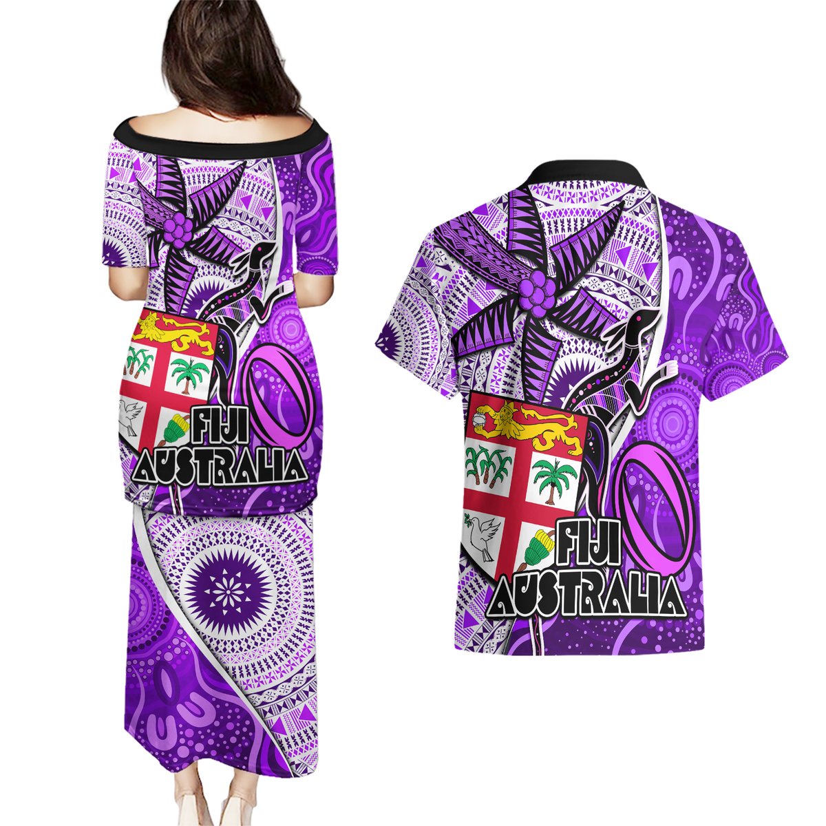 Fiji Australia Rugby Couples Matching Puletasi Dress and Hawaiian Shirt Kangaroo and Palm Tree Purple Tapa Pattern Mix Aboriginal LT03 - Polynesian Pride