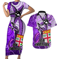 Fiji Australia Rugby Couples Matching Short Sleeve Bodycon Dress and Hawaiian Shirt Kangaroo and Palm Tree Purple Tapa Pattern Mix Aboriginal LT03 Purple - Polynesian Pride