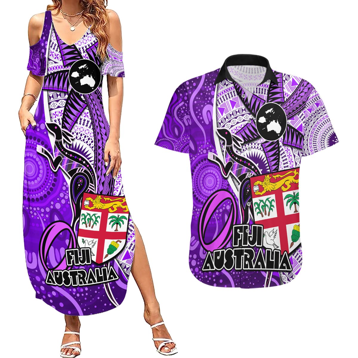 Fiji Australia Rugby Couples Matching Summer Maxi Dress and Hawaiian Shirt Kangaroo and Palm Tree Purple Tapa Pattern Mix Aboriginal LT03 Purple - Polynesian Pride