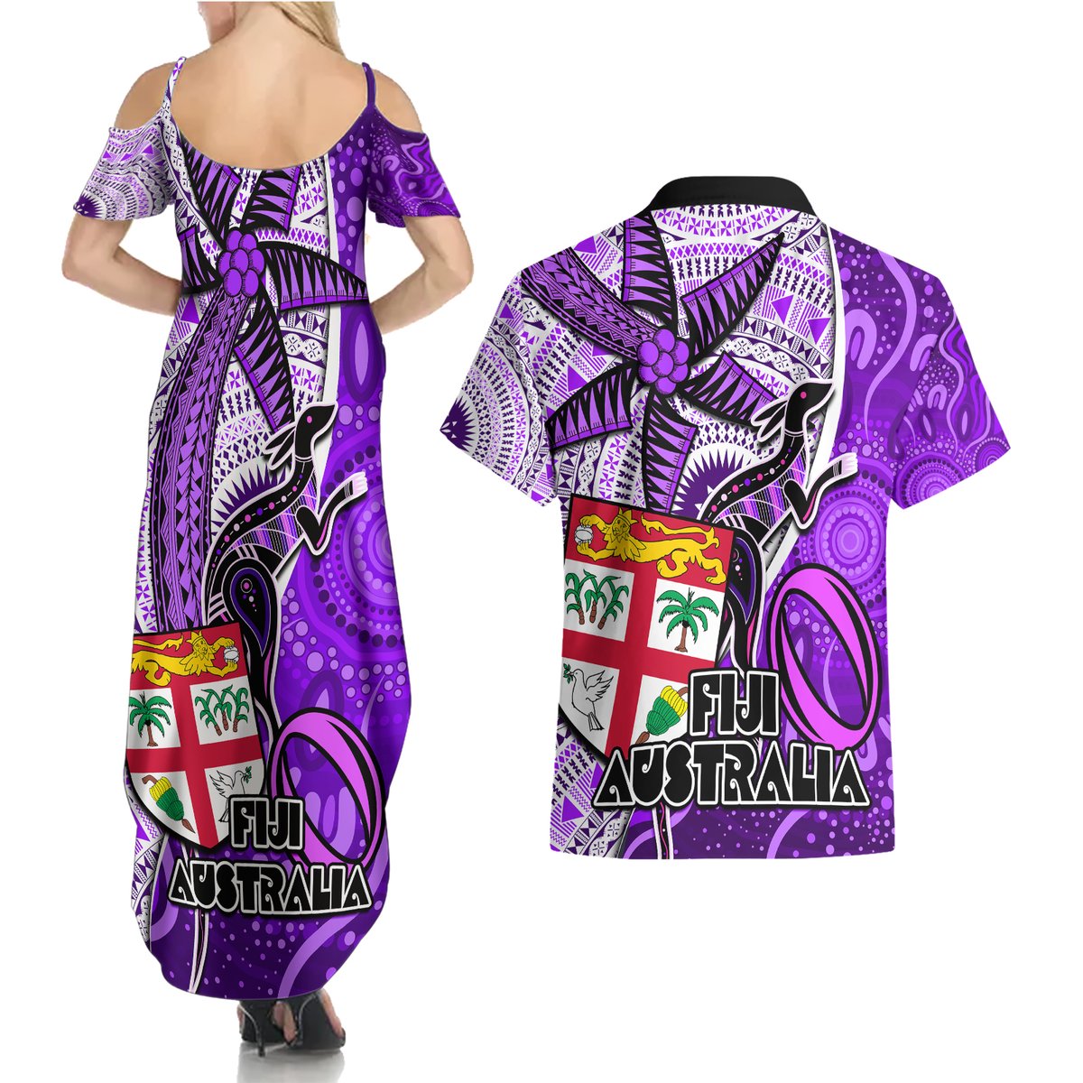 Fiji Australia Rugby Couples Matching Summer Maxi Dress and Hawaiian Shirt Kangaroo and Palm Tree Purple Tapa Pattern Mix Aboriginal LT03 - Polynesian Pride