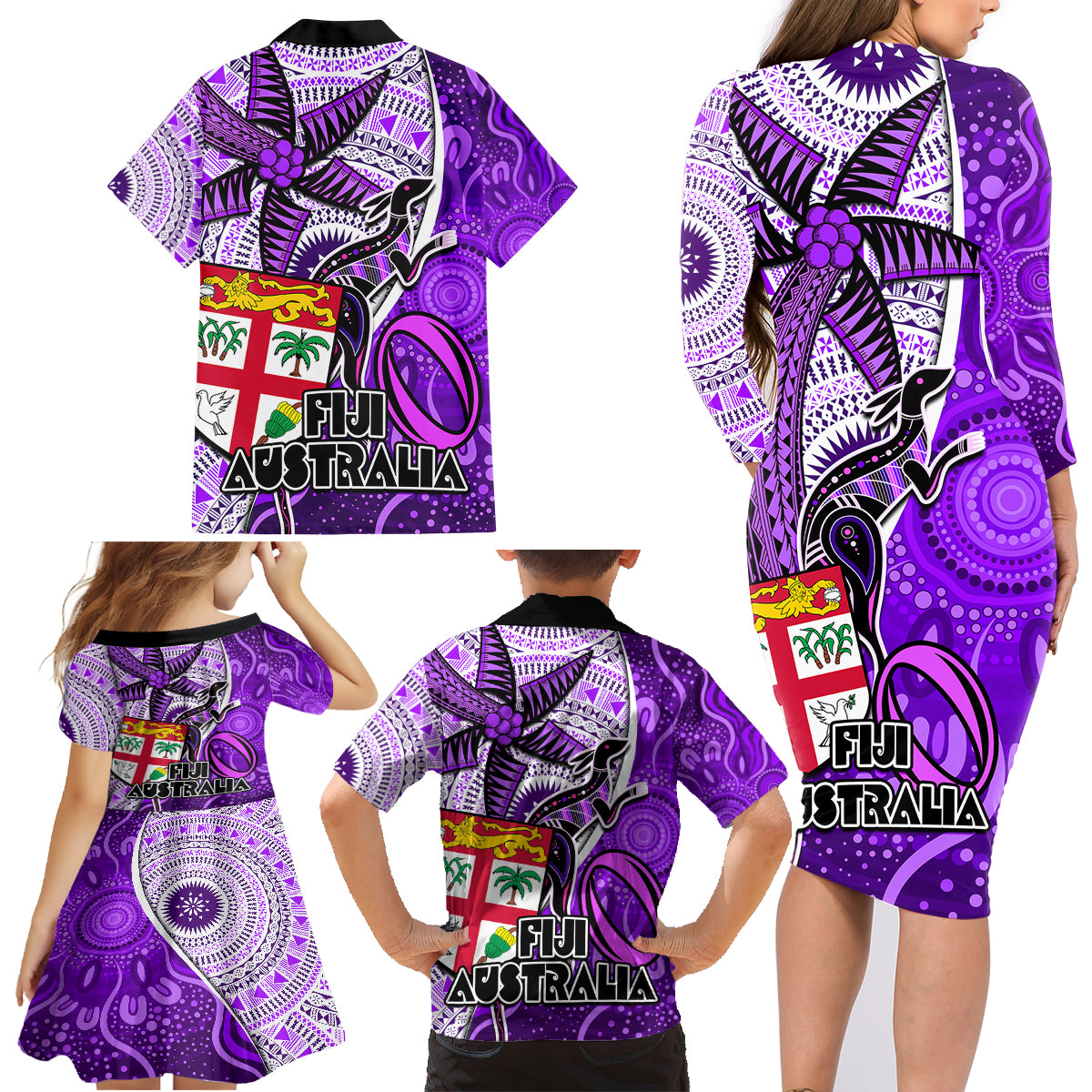 Fiji Australia Rugby Family Matching Long Sleeve Bodycon Dress and Hawaiian Shirt Kangaroo and Palm Tree Purple Tapa Pattern Mix Aboriginal LT03 - Polynesian Pride