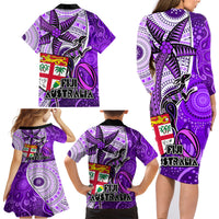 Fiji Australia Rugby Family Matching Long Sleeve Bodycon Dress and Hawaiian Shirt Kangaroo and Palm Tree Purple Tapa Pattern Mix Aboriginal LT03 - Polynesian Pride
