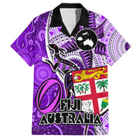 Fiji Australia Rugby Family Matching Long Sleeve Bodycon Dress and Hawaiian Shirt Kangaroo and Palm Tree Purple Tapa Pattern Mix Aboriginal LT03 Dad's Shirt - Short Sleeve Purple - Polynesian Pride