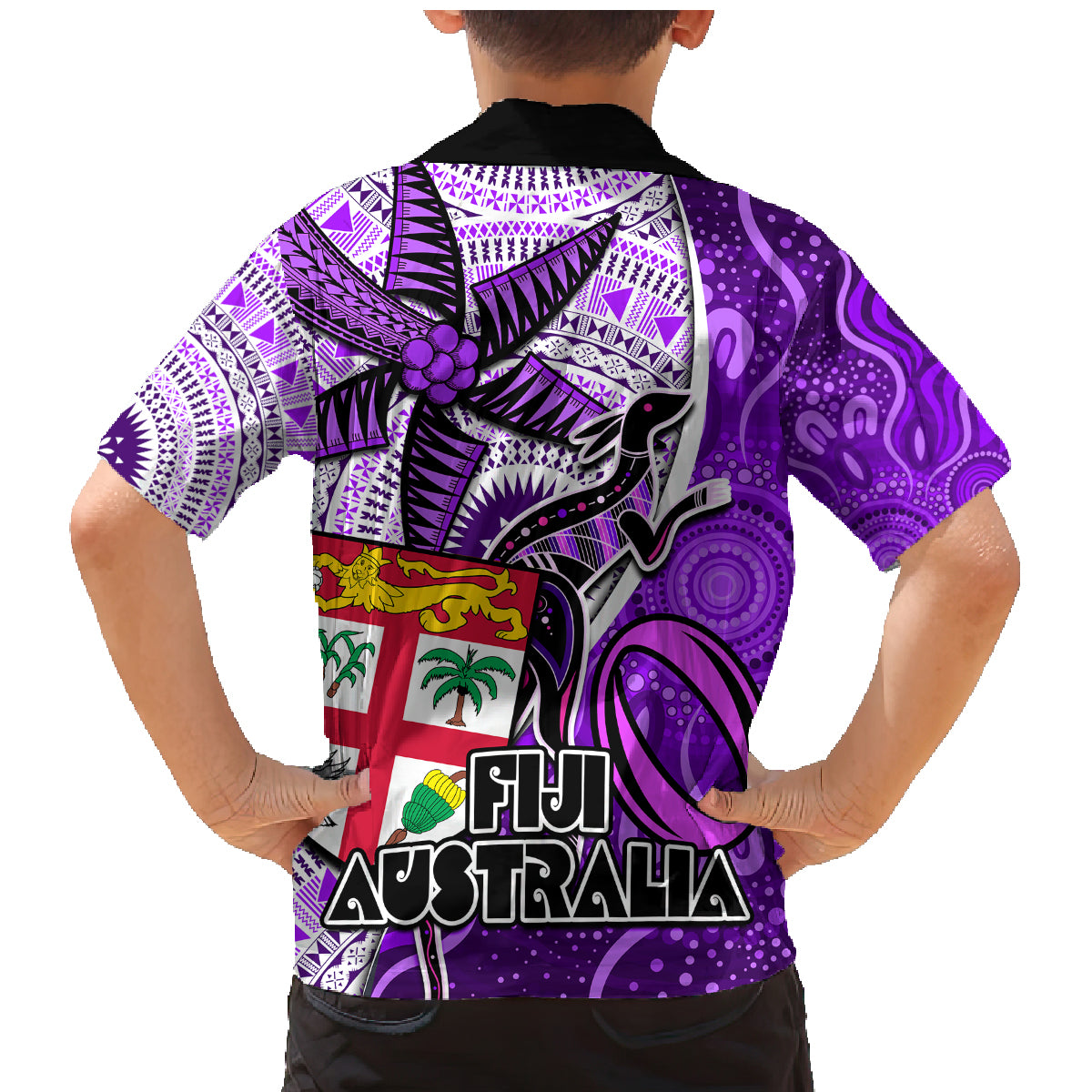 Fiji Australia Rugby Family Matching Mermaid Dress and Hawaiian Shirt Kangaroo and Palm Tree Purple Tapa Pattern Mix Aboriginal LT03 - Polynesian Pride