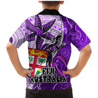 Fiji Australia Rugby Family Matching Mermaid Dress and Hawaiian Shirt Kangaroo and Palm Tree Purple Tapa Pattern Mix Aboriginal LT03 - Polynesian Pride