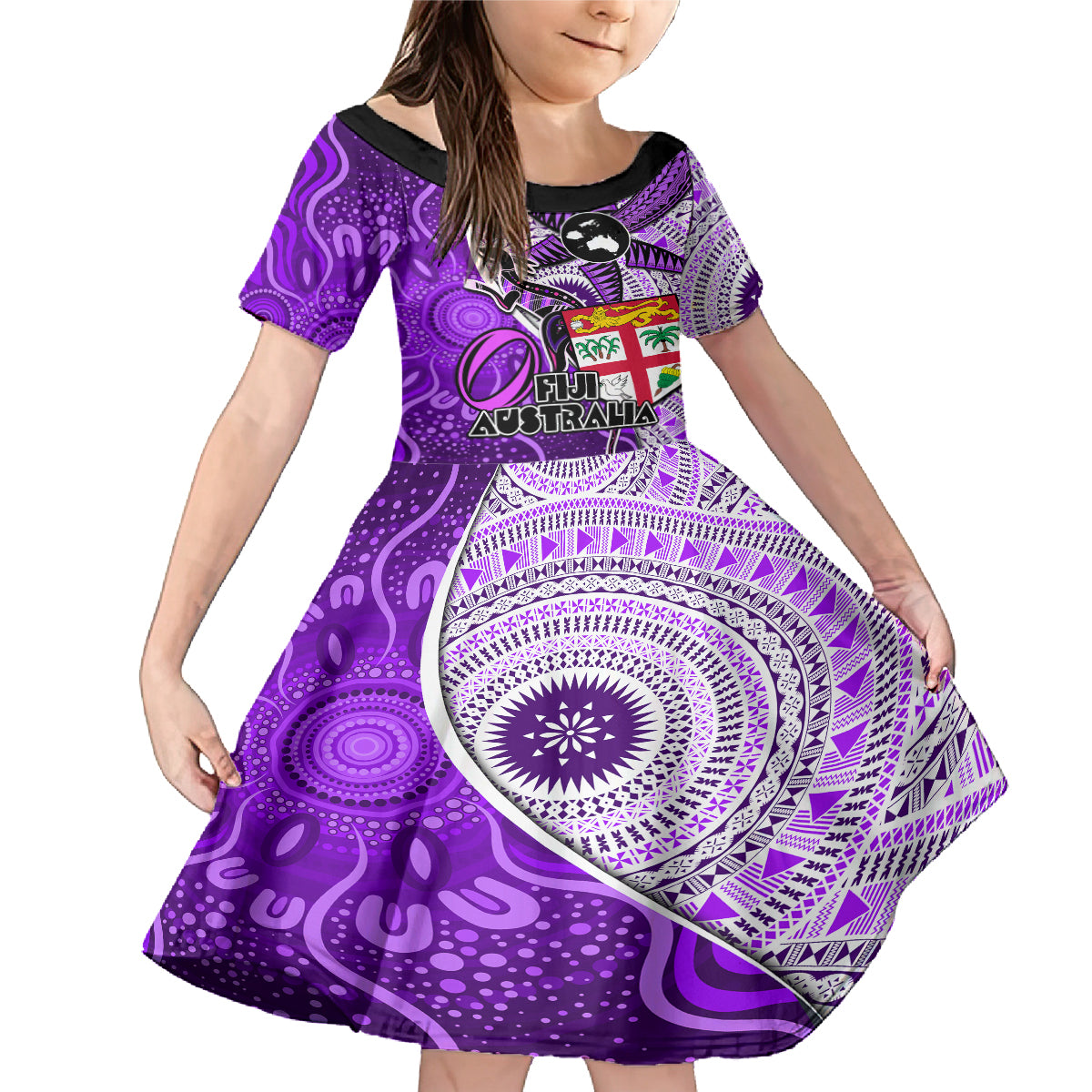 Fiji Australia Rugby Family Matching Mermaid Dress and Hawaiian Shirt Kangaroo and Palm Tree Purple Tapa Pattern Mix Aboriginal LT03 Daughter's Dress Purple - Polynesian Pride