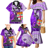 Fiji Australia Rugby Family Matching Mermaid Dress and Hawaiian Shirt Kangaroo and Palm Tree Purple Tapa Pattern Mix Aboriginal LT03 - Polynesian Pride