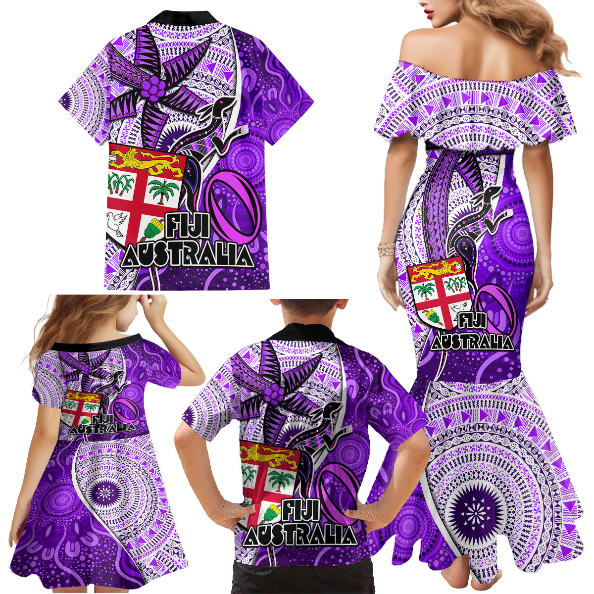 Fiji Australia Rugby Family Matching Mermaid Dress and Hawaiian Shirt Kangaroo and Palm Tree Purple Tapa Pattern Mix Aboriginal LT03 - Polynesian Pride