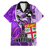 Fiji Australia Rugby Family Matching Mermaid Dress and Hawaiian Shirt Kangaroo and Palm Tree Purple Tapa Pattern Mix Aboriginal LT03 Dad's Shirt - Short Sleeve Purple - Polynesian Pride