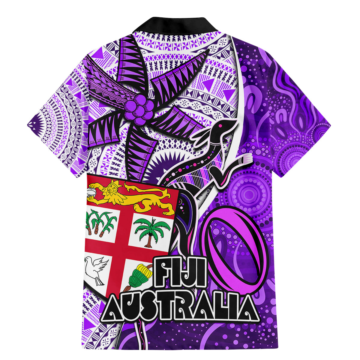Fiji Australia Rugby Family Matching Mermaid Dress and Hawaiian Shirt Kangaroo and Palm Tree Purple Tapa Pattern Mix Aboriginal LT03 - Polynesian Pride