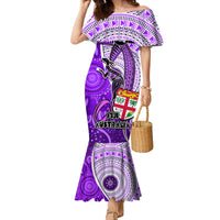 Fiji Australia Rugby Family Matching Mermaid Dress and Hawaiian Shirt Kangaroo and Palm Tree Purple Tapa Pattern Mix Aboriginal LT03 Mom's Dress Purple - Polynesian Pride