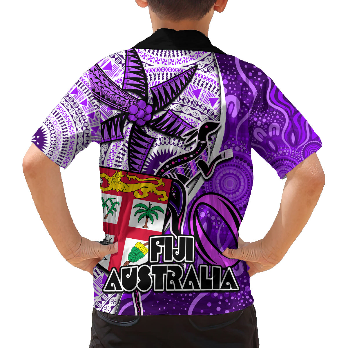 Fiji Australia Rugby Family Matching Off Shoulder Long Sleeve Dress and Hawaiian Shirt Kangaroo and Palm Tree Purple Tapa Pattern Mix Aboriginal LT03 - Polynesian Pride