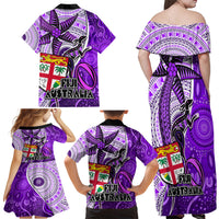 Fiji Australia Rugby Family Matching Off Shoulder Long Sleeve Dress and Hawaiian Shirt Kangaroo and Palm Tree Purple Tapa Pattern Mix Aboriginal LT03 - Polynesian Pride
