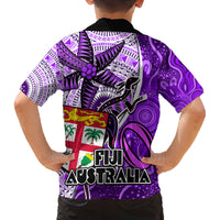 Fiji Australia Rugby Family Matching Off Shoulder Maxi Dress and Hawaiian Shirt Kangaroo and Palm Tree Purple Tapa Pattern Mix Aboriginal LT03 - Polynesian Pride