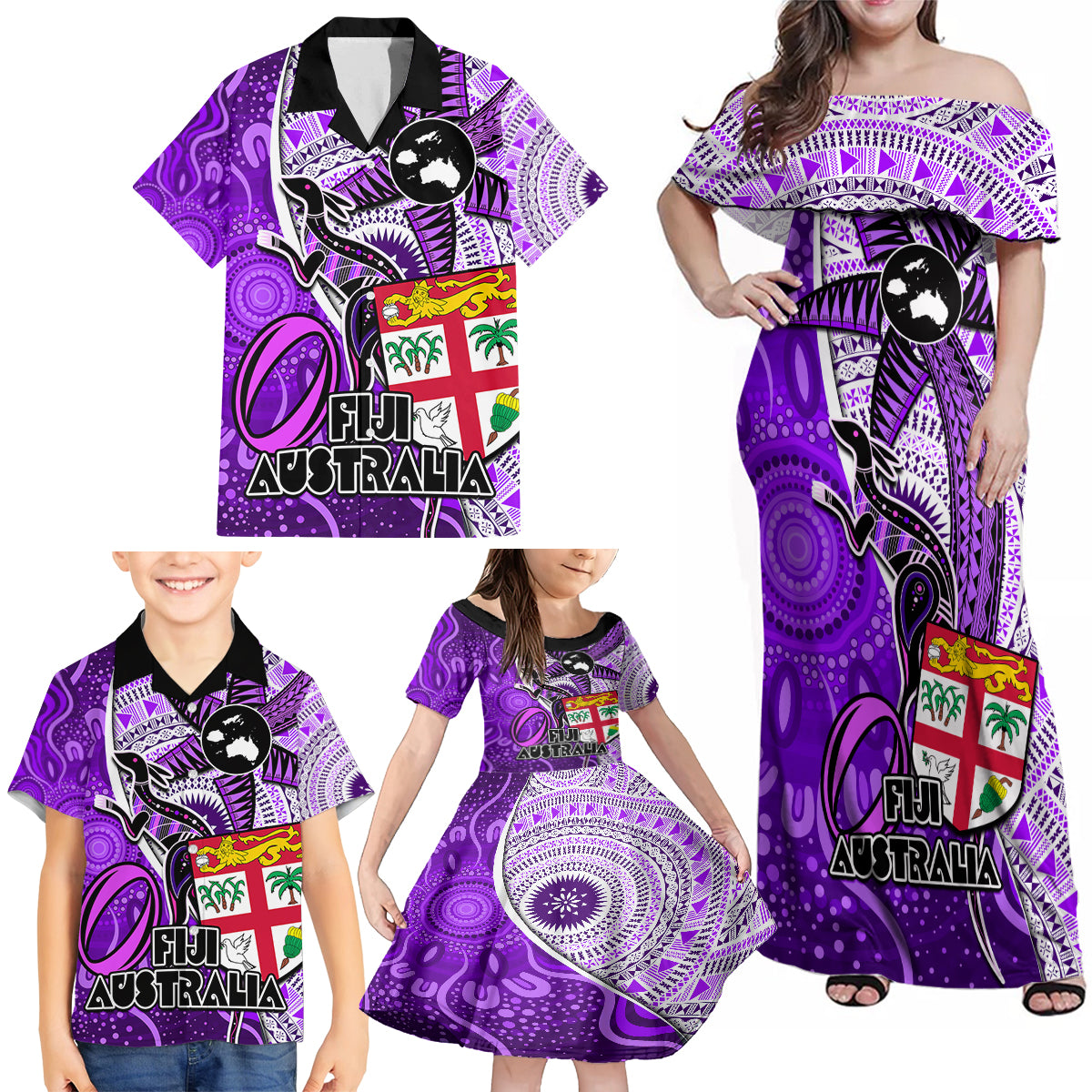 Fiji Australia Rugby Family Matching Off Shoulder Maxi Dress and Hawaiian Shirt Kangaroo and Palm Tree Purple Tapa Pattern Mix Aboriginal LT03 - Polynesian Pride