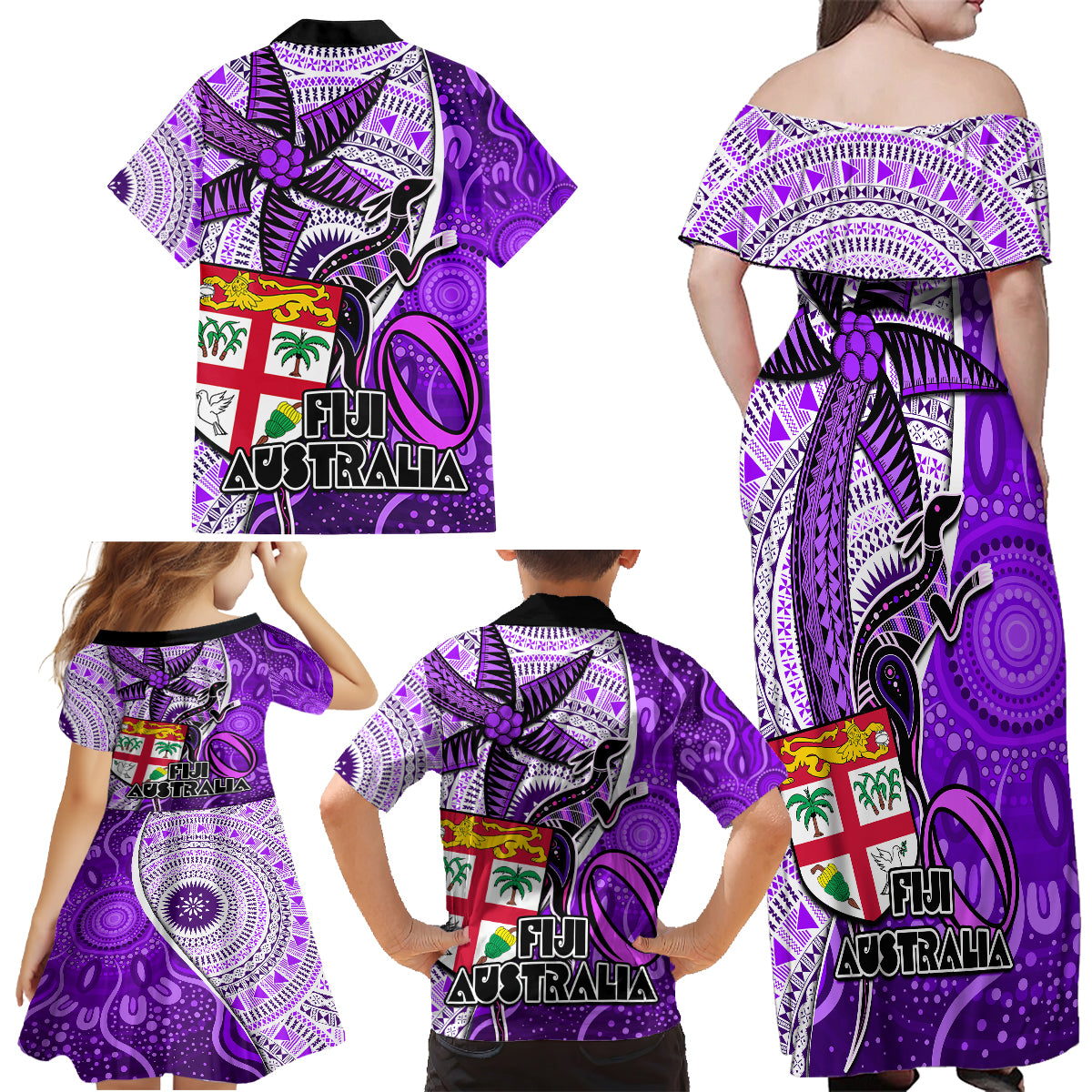 Fiji Australia Rugby Family Matching Off Shoulder Maxi Dress and Hawaiian Shirt Kangaroo and Palm Tree Purple Tapa Pattern Mix Aboriginal LT03 - Polynesian Pride