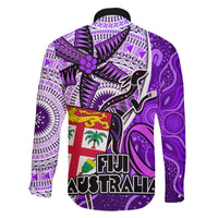 Fiji Australia Rugby Family Matching Off Shoulder Maxi Dress and Hawaiian Shirt Kangaroo and Palm Tree Purple Tapa Pattern Mix Aboriginal LT03 - Polynesian Pride