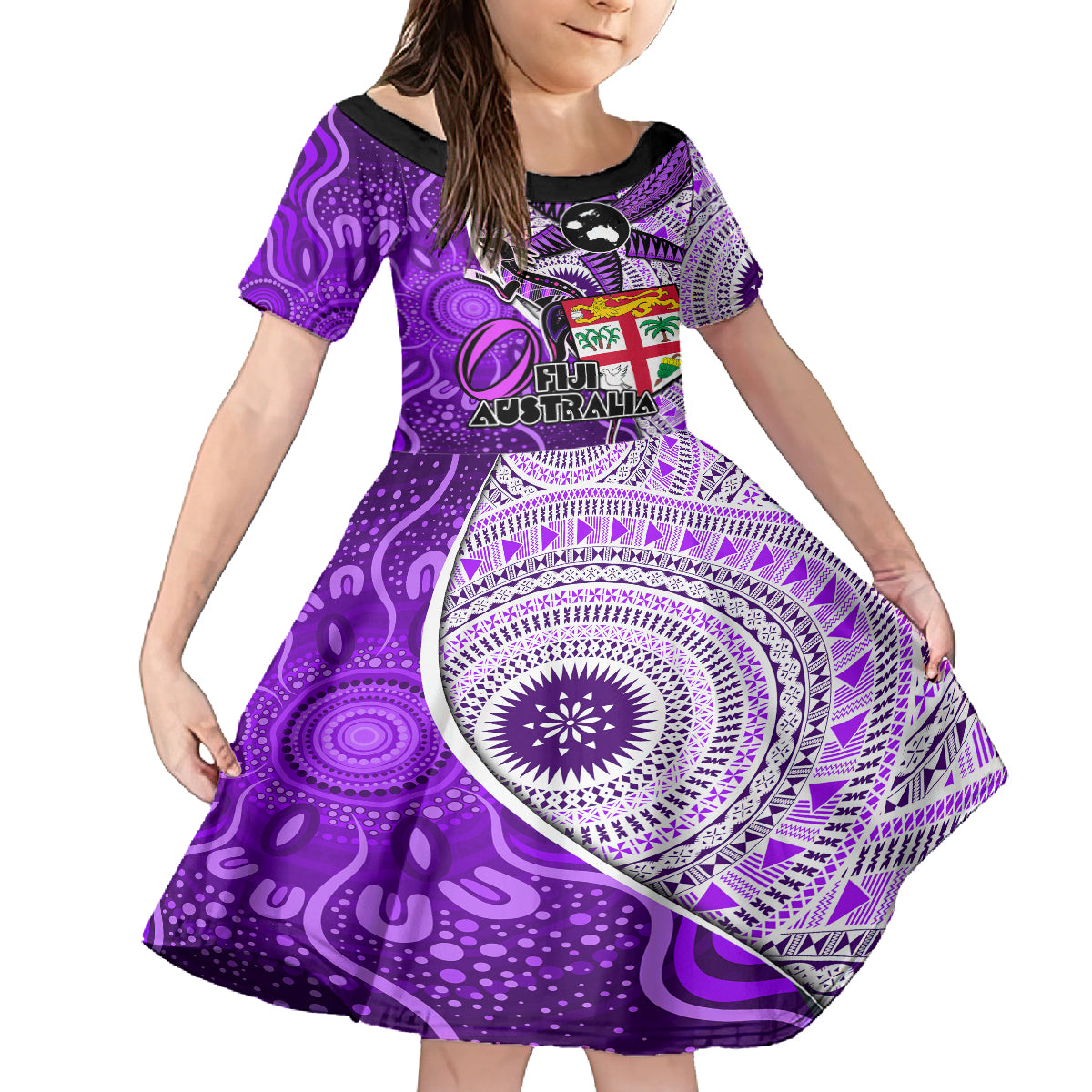 Fiji Australia Rugby Family Matching Off Shoulder Short Dress and Hawaiian Shirt Kangaroo and Palm Tree Purple Tapa Pattern Mix Aboriginal LT03 Daughter's Dress Purple - Polynesian Pride