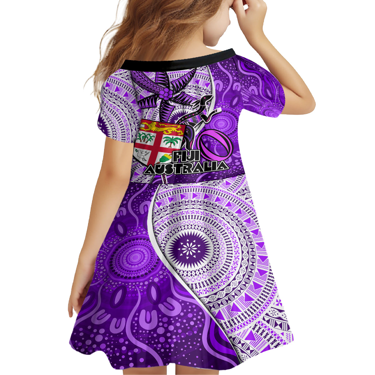 Fiji Australia Rugby Family Matching Off Shoulder Short Dress and Hawaiian Shirt Kangaroo and Palm Tree Purple Tapa Pattern Mix Aboriginal LT03 - Polynesian Pride