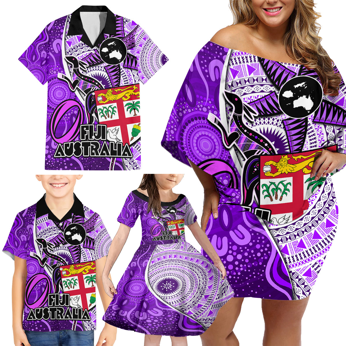 Fiji Australia Rugby Family Matching Off Shoulder Short Dress and Hawaiian Shirt Kangaroo and Palm Tree Purple Tapa Pattern Mix Aboriginal LT03 - Polynesian Pride