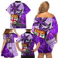 Fiji Australia Rugby Family Matching Off Shoulder Short Dress and Hawaiian Shirt Kangaroo and Palm Tree Purple Tapa Pattern Mix Aboriginal LT03 - Polynesian Pride