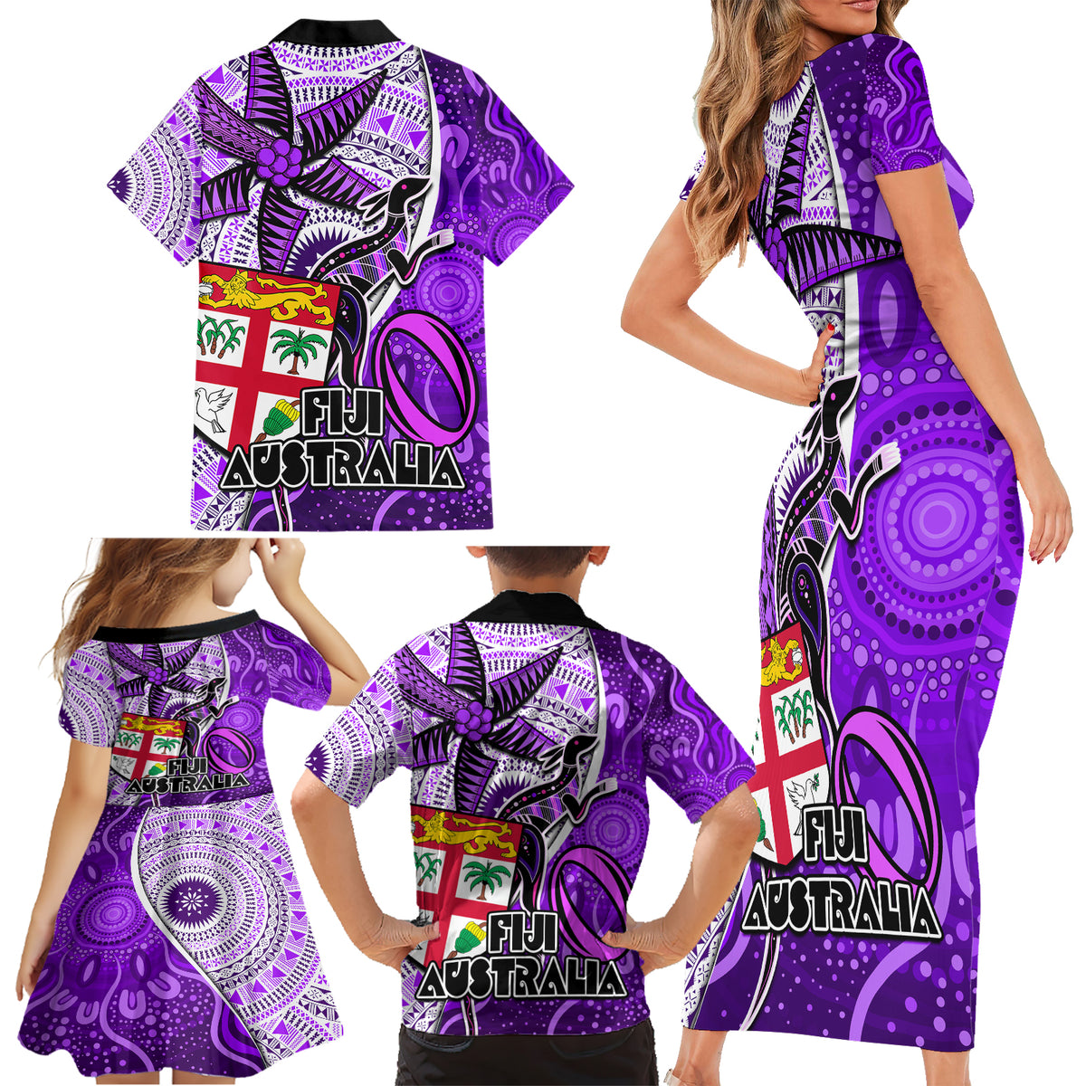 Fiji Australia Rugby Family Matching Short Sleeve Bodycon Dress and Hawaiian Shirt Kangaroo and Palm Tree Purple Tapa Pattern Mix Aboriginal LT03 - Polynesian Pride