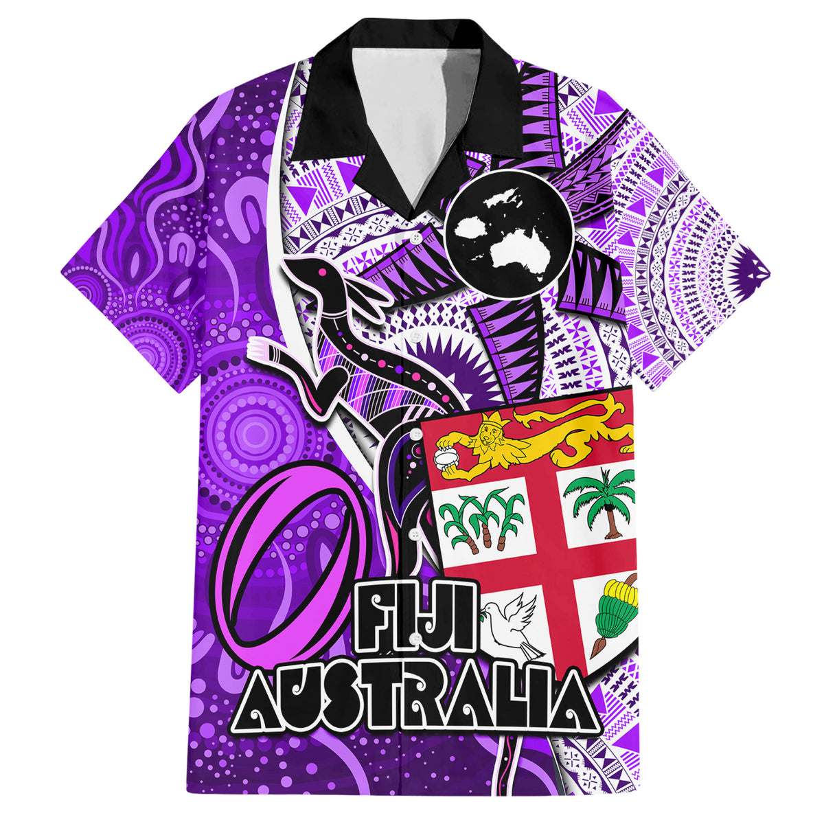 Fiji Australia Rugby Family Matching Short Sleeve Bodycon Dress and Hawaiian Shirt Kangaroo and Palm Tree Purple Tapa Pattern Mix Aboriginal LT03 Dad's Shirt - Short Sleeve Purple - Polynesian Pride