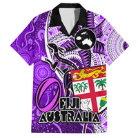 Fiji Australia Rugby Family Matching Short Sleeve Bodycon Dress and Hawaiian Shirt Kangaroo and Palm Tree Purple Tapa Pattern Mix Aboriginal LT03 Dad's Shirt - Short Sleeve Purple - Polynesian Pride
