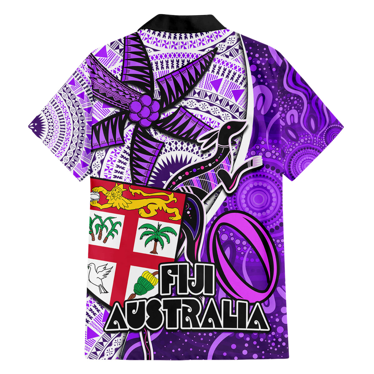 Fiji Australia Rugby Family Matching Short Sleeve Bodycon Dress and Hawaiian Shirt Kangaroo and Palm Tree Purple Tapa Pattern Mix Aboriginal LT03 - Polynesian Pride