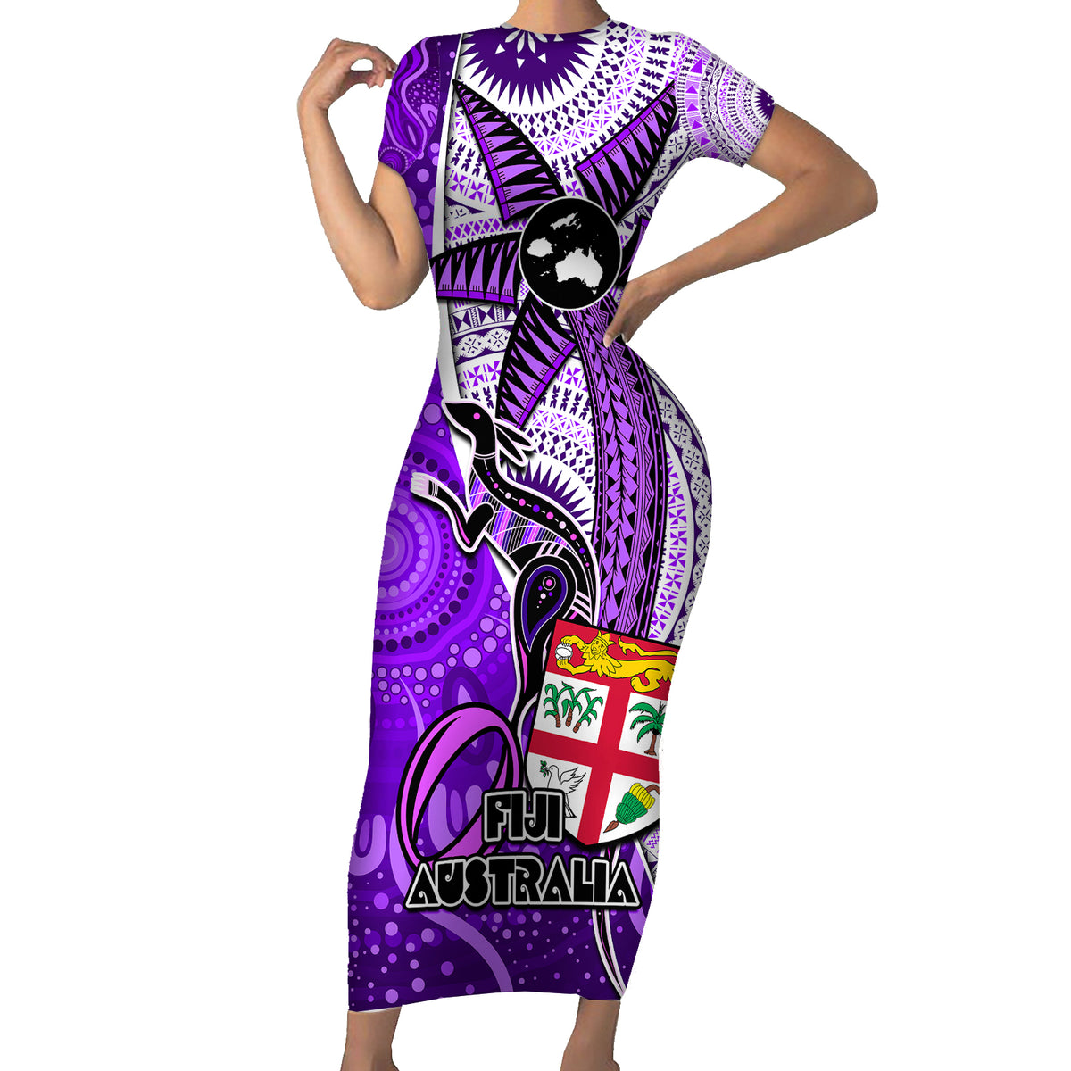 Fiji Australia Rugby Family Matching Short Sleeve Bodycon Dress and Hawaiian Shirt Kangaroo and Palm Tree Purple Tapa Pattern Mix Aboriginal LT03 Mom's Dress Purple - Polynesian Pride