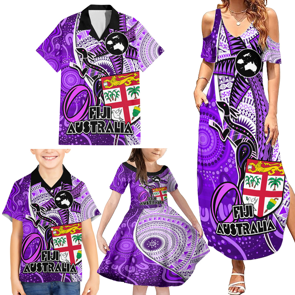 Fiji Australia Rugby Family Matching Summer Maxi Dress and Hawaiian Shirt Kangaroo and Palm Tree Purple Tapa Pattern Mix Aboriginal LT03 - Polynesian Pride