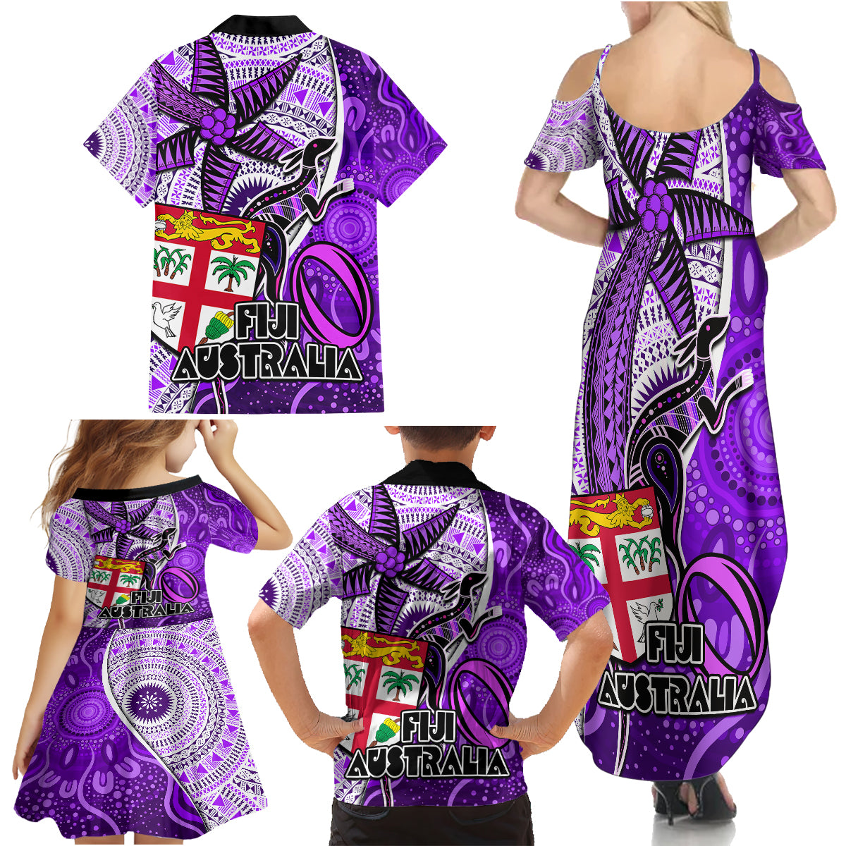 Fiji Australia Rugby Family Matching Summer Maxi Dress and Hawaiian Shirt Kangaroo and Palm Tree Purple Tapa Pattern Mix Aboriginal LT03 - Polynesian Pride