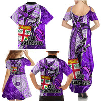 Fiji Australia Rugby Family Matching Summer Maxi Dress and Hawaiian Shirt Kangaroo and Palm Tree Purple Tapa Pattern Mix Aboriginal LT03 - Polynesian Pride