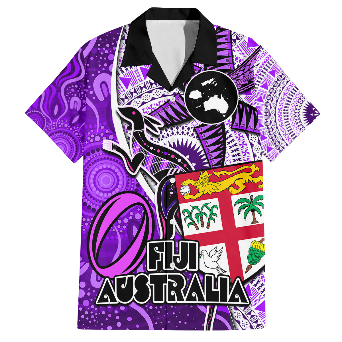 Fiji Australia Rugby Family Matching Tank Maxi Dress and Hawaiian Shirt Kangaroo and Palm Tree Purple Tapa Pattern Mix Aboriginal LT03 Dad's Shirt - Short Sleeve Purple - Polynesian Pride