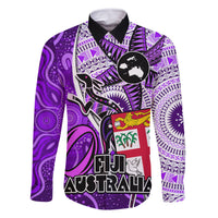 Fiji Australia Rugby Family Matching Tank Maxi Dress and Hawaiian Shirt Kangaroo and Palm Tree Purple Tapa Pattern Mix Aboriginal LT03 Dad's Shirt - Long Sleeve Purple - Polynesian Pride